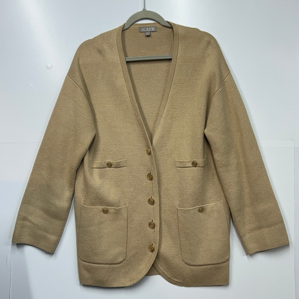J.Crew Tan Cotton V-Neck Gold Crest Button Cardigan Blazer Sweater BX466‎ Small